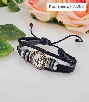 Браслет шкіряний, чорного кольору, З Чорно-білим Гербом та візерунками, з регуляцією розміра 25262 фото