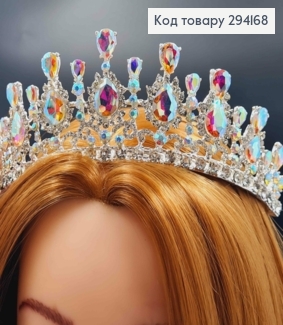 Диадема "Величная" под серебро, с Блестящими камешками Хамелеон, 6см наивысшая точка 294168 фото