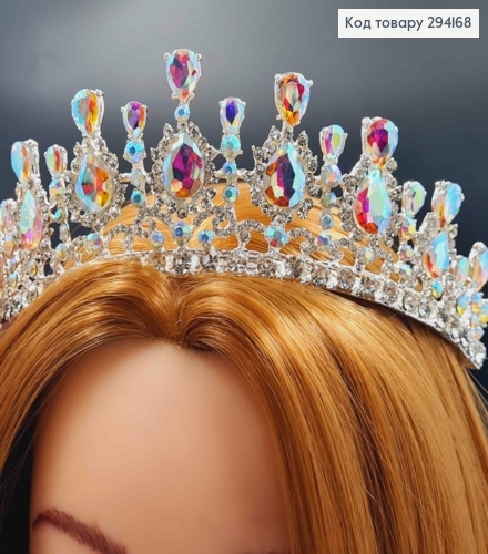 Диадема "Величная" под серебро, с Блестящими камешками Хамелеон, 6см наивысшая точка 294168 фото 1
