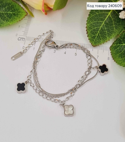 Браслет срібного кольору, "Van Cleef" з білою і чорною емаллькою, 17+3см сталь Stainless Steel 250026 фото 1