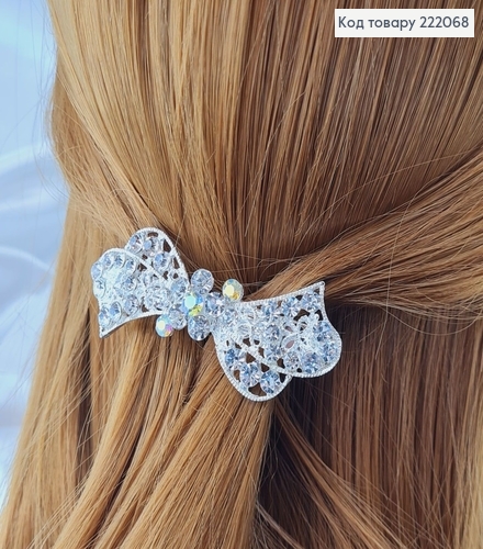 Заколка Автоматик метал Серебро 7см Двойной бантик в камнях 222068 фото 1
