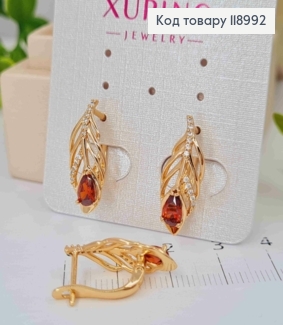 Серьги "Перо Павлина" с Красным камнем, 2см, англ. застежка, Xuping 18К 118992 фото