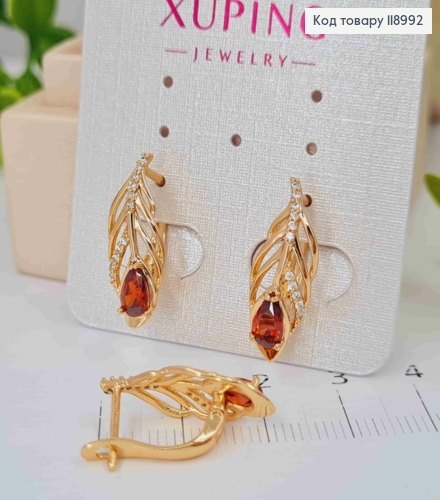 Серьги "Перо Павлина" с Красным камнем, 2см, англ. застежка, Xuping 18К 118992 фото 1
