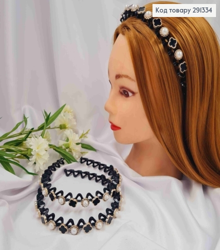 Обруч пластик, глянцевий, Хвилястий з Бусинками та "Van Cleef", 1см, Чорного кольору 291334 фото 1