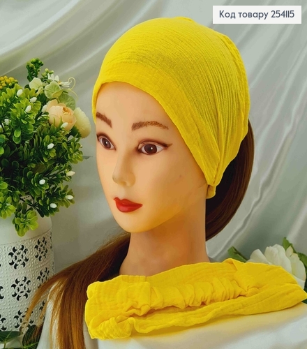 Пов'язка-хустинка на резинці, (натур. тканина)  Жовтого кольору шир.20см, об`єм24см(ручна робота) 254115 фото 1