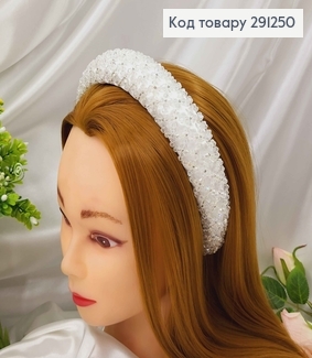 Обруч модний плетений стіклярусом та бісером,БІЛИЙ колір, ширина 3,5см 291250 фото
