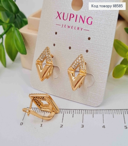 Серьги "Ромбы" украшены блестящими камнями, 1,7см, английская застежка, Xuping 18К. 118585 фото 1
