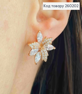 Сережки гвіздки золотого кольору, "Кленове листя" в камінцях (1,8см),сталь XianGuang 260202 фото