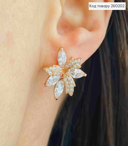Сережки гвіздки золотого кольору, "Кленове листя" в камінцях (1,8см),сталь XianGuang 260202 фото 1