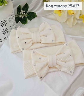 Повязка детская двойной бант с камешками МОЛОЧНЫЙ , ручная работа, Украина 275079 фото