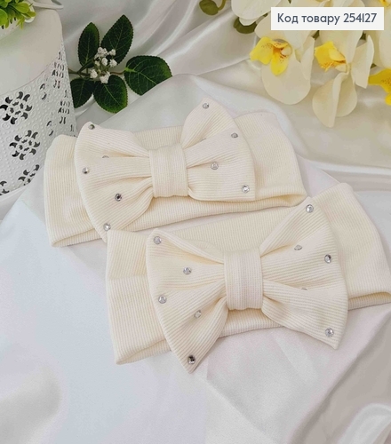 Пов"язка дитяча подвійний бант з камінцями МОЛОЧНИЙ , ручна робота, Україна 275079 фото 1
