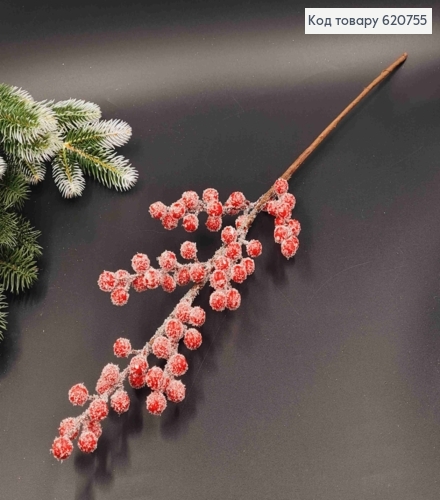 Засніжена гілочка з ягідками, ЧЕРВОНОГО кольору, на металевому стержні, вис 60см, новорічний декор 620755 фото 1