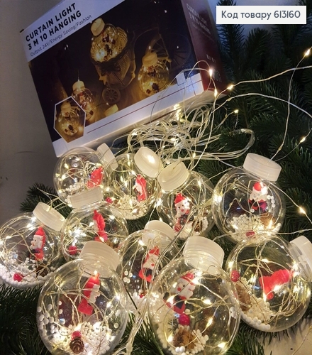 Гирлянда шторка Дед Мороз в шаре 70 мм 10 шт белая проволока 4* 0,55- 0,8м белая теплая( с удлинителем) 613160 фото 1