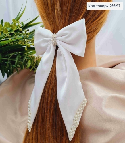 Заколка (7,5см) БАНТ БЕЛОГО цвета с Бусинками, легкий атлас, размер 12*17см, Украина. 255197 фото 1