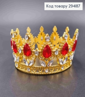 Корона под Золото, "Королевская" с КРАСНЫМИ камушками, диаметр 8см, высота 4,5см (можно на торт) 294187 фото