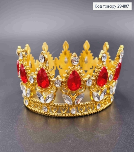 Корона под Золото, "Королевская" с КРАСНЫМИ камушками, диаметр 8см, высота 4,5см (можно на торт) 294187 фото 1