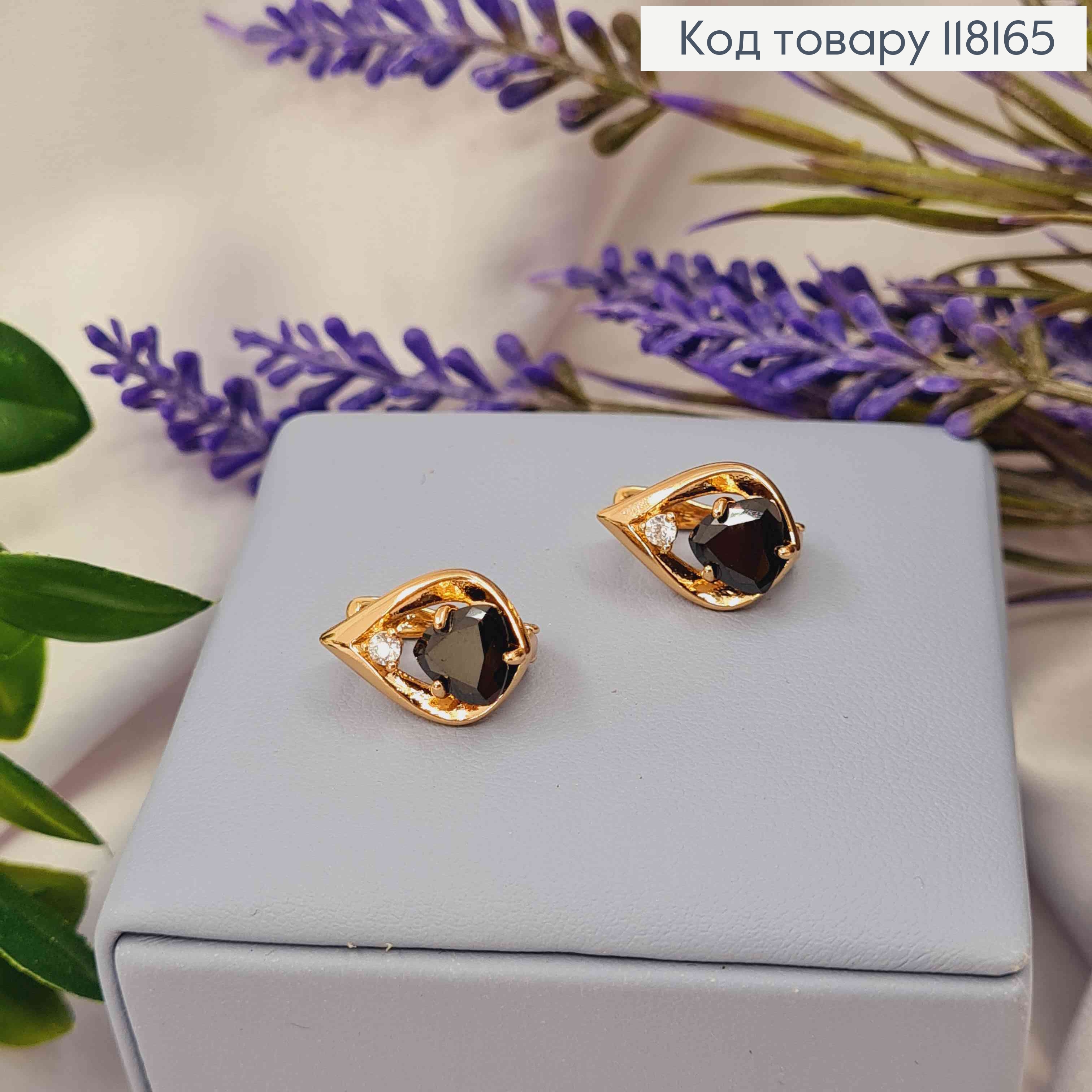 Серьги "СОФИ" с черным камнем, 1,5см, англ. заст., Xuping 18K 118165 фото 2