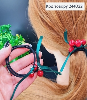 Резинка подвійна з зеленим бантиком та червоними бусинками 2440221 фото