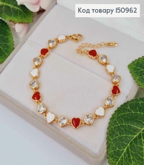 Браслет "Сердца трех" с белым, красным и прозрачным камнем 17+3см, Xuping 18K 150962 фото