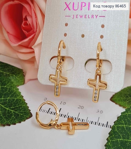 Серьги кольца 1см, с подвеской Крестиками с тремя камешками, 1,5см, Xuping 18K 116465 фото 2