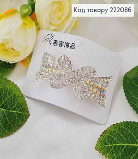 Заколка автомат металл 6*2,5см Бантик в камешках серебряного цвета 222086 фото