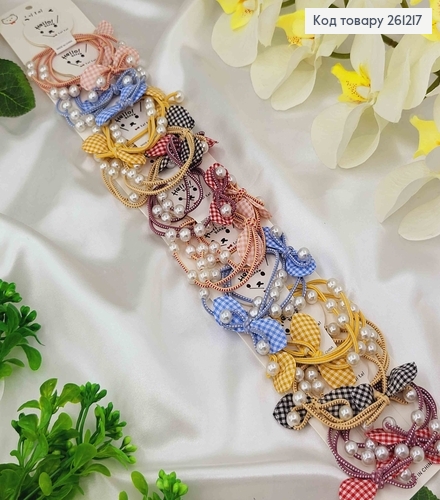 Резинки двойные 6см, Бантик с бусинками (20шт/уп) по 2шт на планшетке в ассортименте. 261217 фото 1