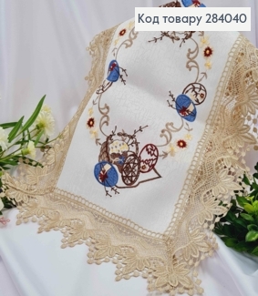 Великодня серветка, з коричневим мереживом "Кошик з паскою і писанками з вербою", квадратна 40*60см 284040 фото