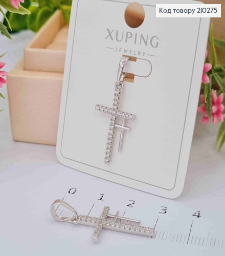 Крестик родованный двойной с Блестящими камешками, 2,4*1,3см, Xuping 210275 фото 1