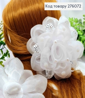 Бант БЕЛОГО цвета с Бусинками в горошек, на резинке, ткань органза + атлас, 16см, ручная работа 276072 фото