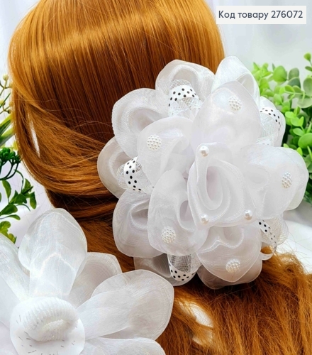 Бант БЕЛОГО цвета с Бусинками в горошек, на резинке, ткань органза + атлас, 16см, ручная работа 276072 фото 1