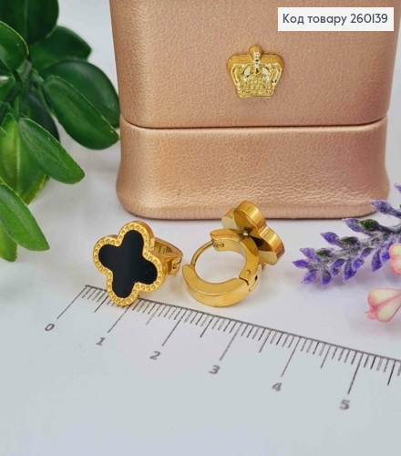 Серьги кольца, "Van Cleef" с черной эмалью, 1,3см, лимонного цвета, сталь Stainless Steel 260139 фото 1