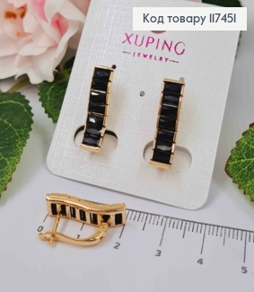 Серьги "ВЕЧНОСТЬ" с камнями в один ряд ЧЕРНОГО цвета, дл. 2см, английский застежка, XUPING 18K 117451 фото