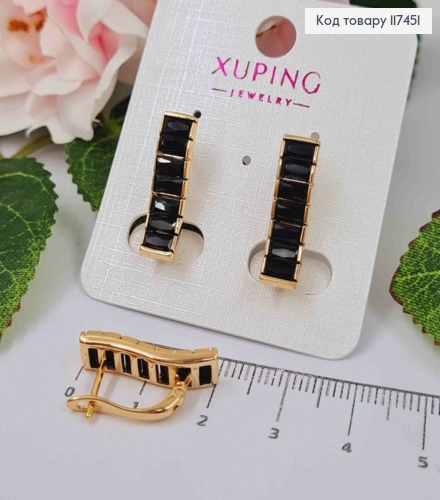 Серьги "ВЕЧНОСТЬ" с камнями в один ряд ЧЕРНОГО цвета, дл. 2см, английский застежка, XUPING 18K 117451 фото 1