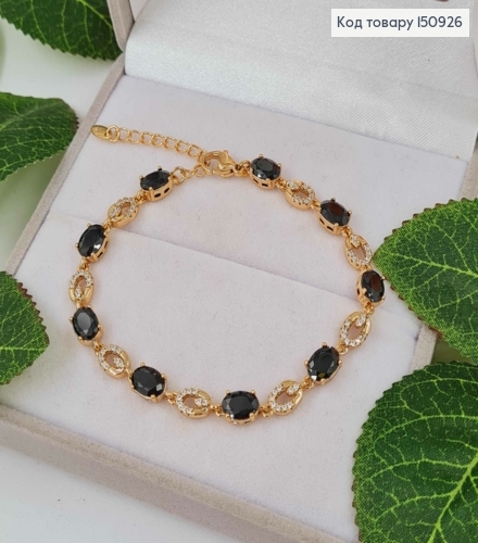 Браслет, с черными камешками и овальными перепонками в камнях, шир. 4мм, дл.17+3см, Xuping 18K 150926 фото 1