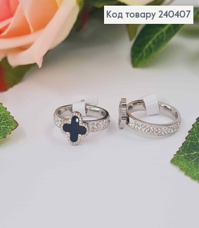 Кольцо серебряного цвета, четырехлистник с черной эмалью, "Van Cleef", сталь Stainless Steel 240407 фото