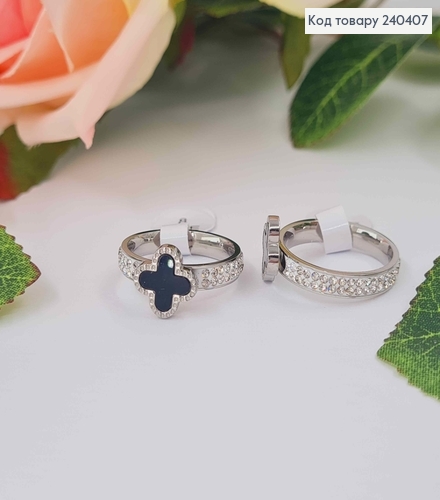 Кольцо серебряного цвета, четырехлистник с черной эмалью, "Van Cleef", сталь Stainless Steel 240407 фото 1