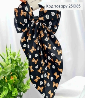 Бант ЧОРНОГО кольору з принтом Ведмедики, на резинці 4см, тканина атлас, розмір 15*30см 251085 фото