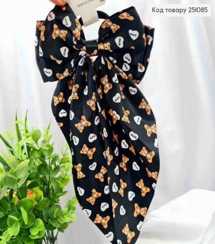 Бант ЧОРНОГО кольору з принтом Ведмедики, на резинці 4см, тканина атлас, розмір 15*30см 251085 фото 1