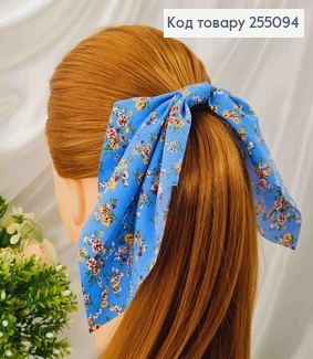 Резинка 5см, Твилли с бантиком, Небесно-Блакитного цвета, с цветочным принтом, дл.16см 255094 фото