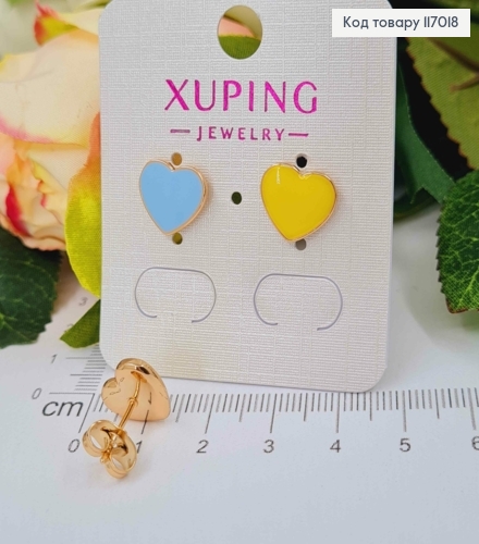 Серьги гвоздики, с голубой и желтой эмалью, 1см, Xuping 18К. 117018 фото 1