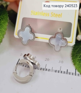 Серьги кольца, с перламутровой эмалью, "Van Cleef", 1,3 см, сталь Stainless Steel 240523 фото