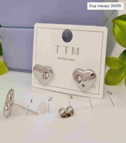 Серьги гвоздики серебряного цвета "Сердце" с камешком, 1см, сталь Stainless Steel 260151 фото 2