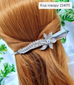 Заколка стрела металл с цветком в блестящих камнях, серебряного цвета, 13см. 224170 фото