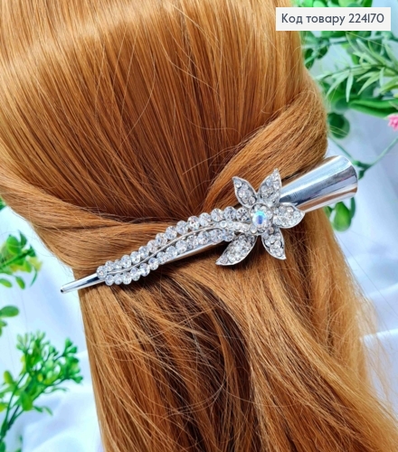 Заколка стрела металл с цветком в блестящих камнях, серебряного цвета, 13см. 224170 фото 1