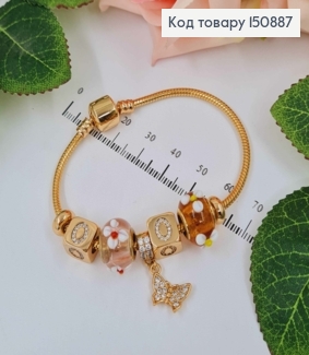 Браслет "Пандора" с розовым и оранжевым шармиком, с кубиками в камнях, длиной 18см. Xuping 18K 150887 фото