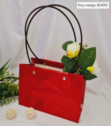 Флористическая сумочка глянцевая БОРДОВА, для цветов и подарков, с пластиковыми ручками 22*11*13,5см 364010 фото 1