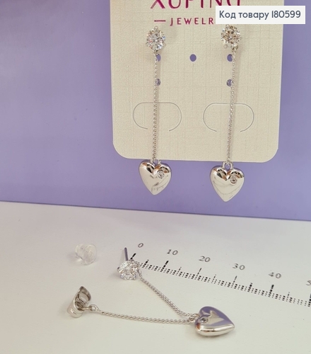 Серьги родированые (4см) гвоздики с камнем и сердечком на цепочке Xuping 180599 фото 2