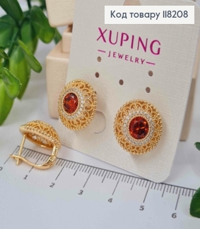 Серьги "Райская Богемия" с Красным камешком, 1,5см, английская застежка, Xuping 18K 118208 фото