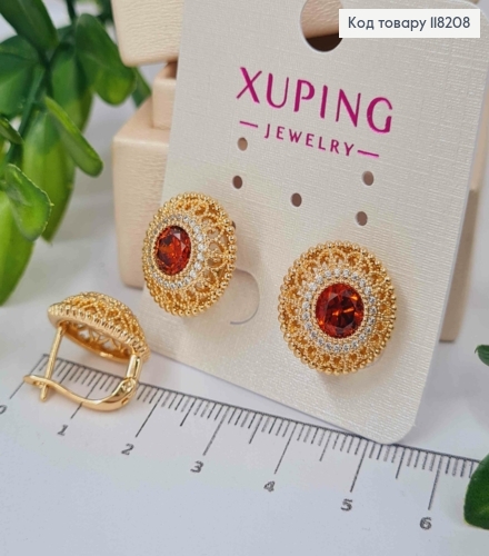Серьги "Райская Богемия" с Красным камешком, 1,5см, английская застежка, Xuping 18K 118208 фото 1
