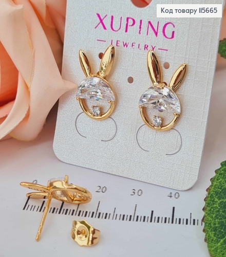 Сережки гвоздики "Зайчики" з камінцями. довж 2см. шир. 1см.,. Xuping 18K 115665 фото 1